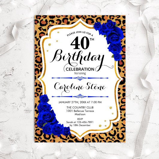 40e verjaardag - Royal Blue Gold Leopard Print Kaart