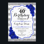 40e verjaardag - Royal Blue Silver White Stripes Kaart<br><div class="desc">40e verjaardag uitnodiging. Elegant design in faux glitter zilver,  wit en koningsblauw. Beschikt over stijlvol scriptfort,  strepen en blauwe rozen. Perfect voor een elegant verjaardagsfeestje. Kan worden aangepast in elke leeftijd.</div>