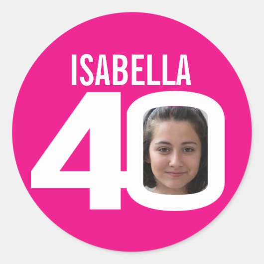40e verjaardag roze, aangepaste fotonaam gunt ronde sticker (Voorkant)