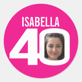 40e verjaardag roze, aangepaste fotonaam gunt ronde sticker