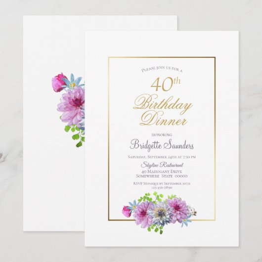 40e verjaardag Roze blauwe Floral Gold Border Dinn Kaart (Voorkant / Achterkant)