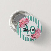 40e verjaardag roze bloemen blauwgroen strepen ronde button 3,2 cm (Voorkant /achterkant)
