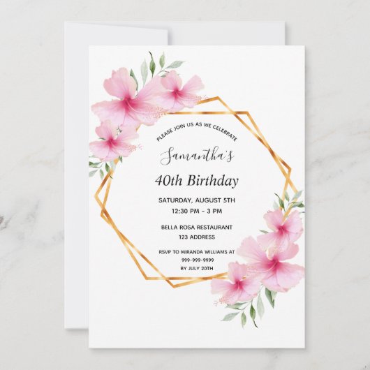 40e verjaardag roze bloemen goud geometrisch kaart (Voorkant)