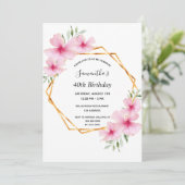 40e verjaardag roze bloemen goud geometrisch kaart (Staand voorkant)