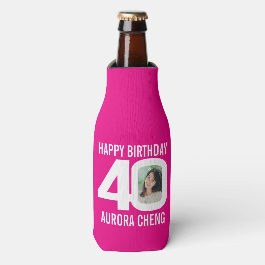 40e verjaardag roze en wit twee foto's Cooler (Fles Voorkant)