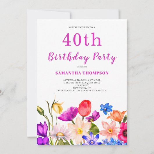 40e verjaardag Roze Floral Kaart (Voorkant)