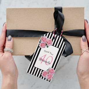 40e verjaardag roze floralen zwarte witte strepen cadeaulabel