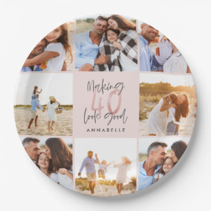 40e verjaardag roze girale foto collage papieren bordje