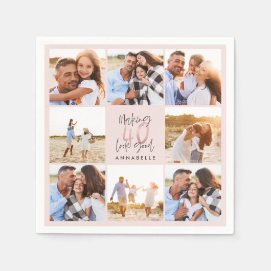 40e verjaardag roze girale foto collage servet (Voorkant)