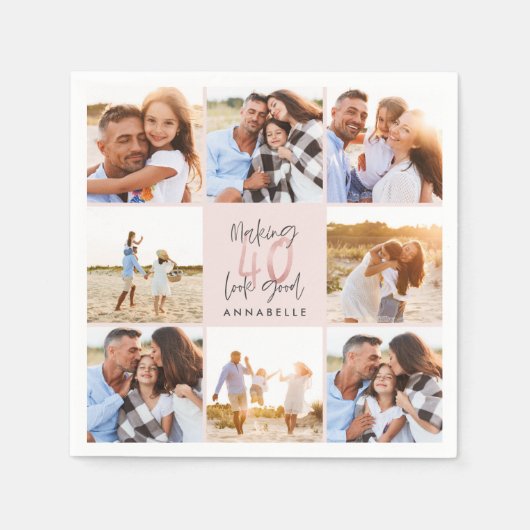 40e verjaardag roze girale foto collage servet (Voorkant)