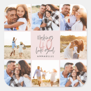 40e verjaardag roze girale foto collage vierkante sticker