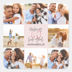 40e verjaardag roze girale foto collage vierkante sticker