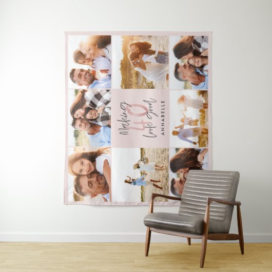 40e verjaardag roze girale foto collage wandkleed (In situ)