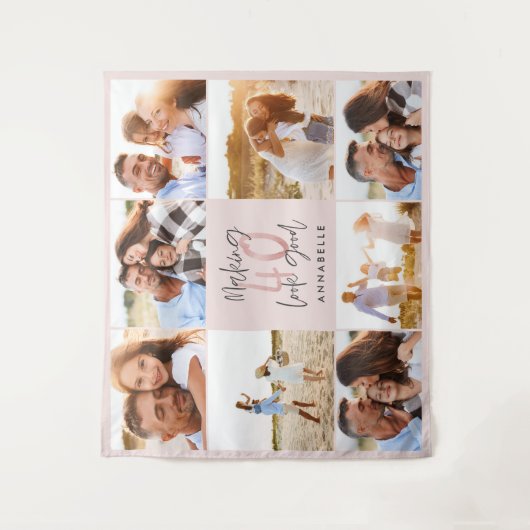 40e verjaardag roze girale foto collage wandkleed (Voorkant)