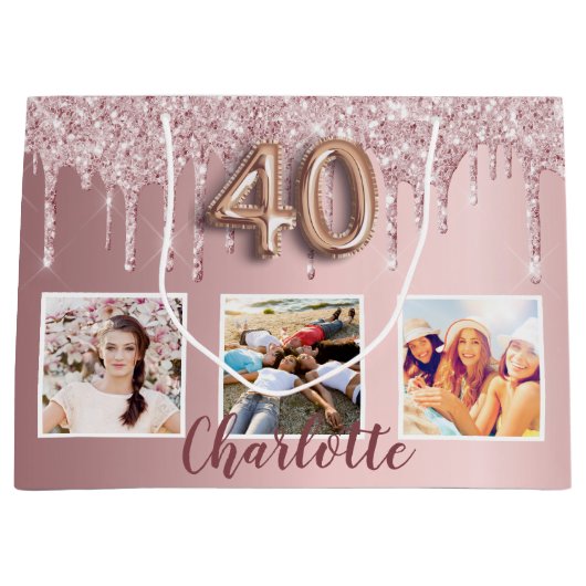 40e verjaardag roze glitter druppelt foto monogram groot cadeauzakje (Voorkant)