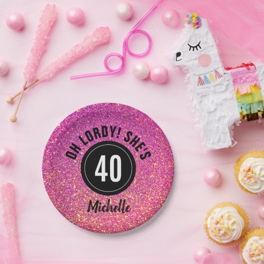 40e verjaardag Roze glitter Sparkle Personalized Papieren Bordje (Feest)