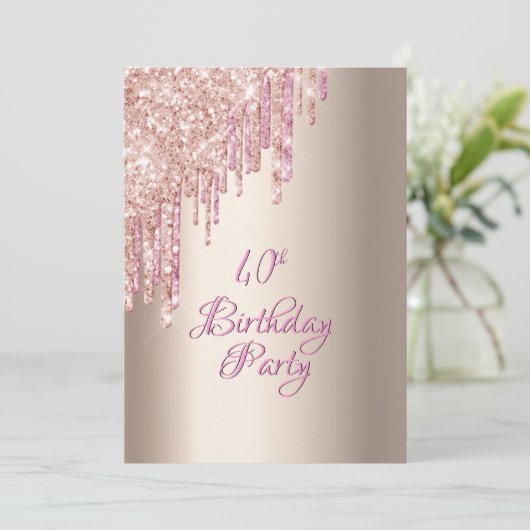 40e verjaardag roze goud folie roze glittersprinke kaart (Staand voorkant)