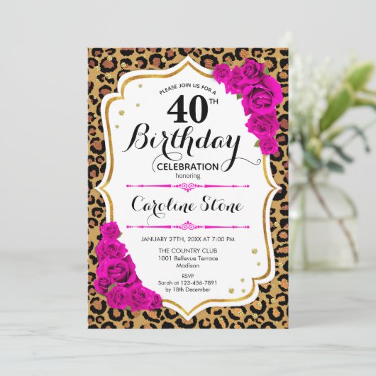 40e verjaardag - roze gouden luipaard print kaart (Staand voorkant)