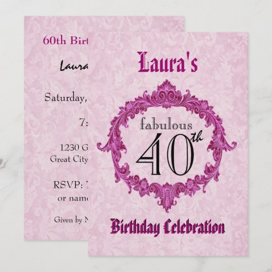 40e verjaardag  roze Lijst S313 Kaart (Voorkant / Achterkant)