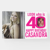 40e verjaardag roze look 40 aangepaste foto nu dan spandoek (Horizontaal)