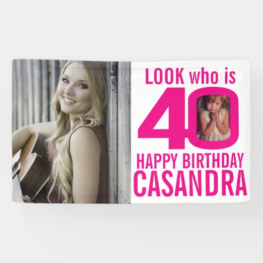 40e verjaardag roze look 40 aangepaste foto nu dan spandoek (Horizontaal)