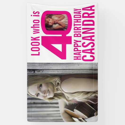 40e verjaardag roze look 40 aangepaste foto nu dan spandoek (Verticaal)