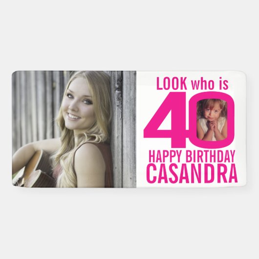 40e verjaardag roze look 40 aangepaste foto's klei spandoek (Horizontaal)