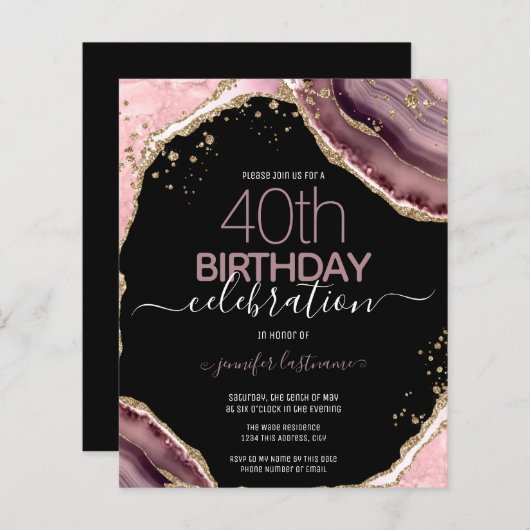 40e verjaardag Roze Paars Agate Budget Uitnodiging (Voorkant / Achterkant)