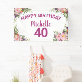 40e verjaardag Roze Paarse Waterverf Floral Spandoek (Insitu)