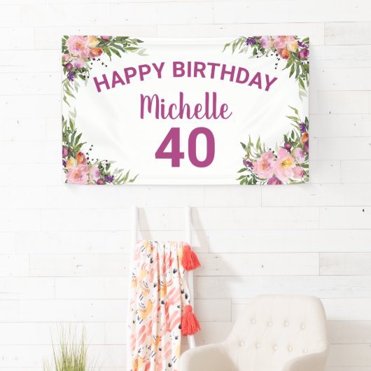 40e verjaardag Roze Paarse Waterverf Floral Spandoek (Insitu)