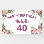 40e verjaardag Roze Paarse Waterverf Floral Spandoek (Horizontaal)