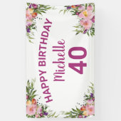 40e verjaardag Roze Paarse Waterverf Floral Spandoek (Verticaal)