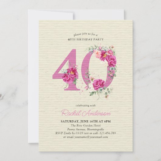 40e verjaardag roze pioen bloemstuk nummer 40 kaart (Voorkant)