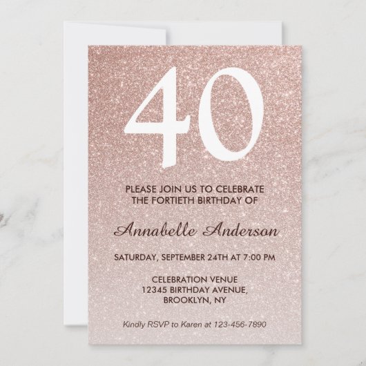 40e verjaardag Roze Rose Gold Glitter Sparkle Ombr Kaart (Voorkant)