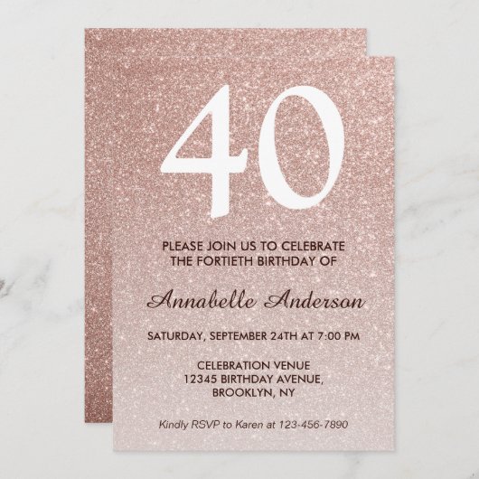 40e verjaardag Roze Rose Gold Glitter Sparkle Ombr Kaart (Voorkant / Achterkant)