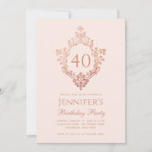 40e Verjaardag Roze Rose Goud  Crest Script Kaart (Voorkant)