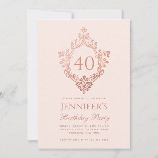 40e Verjaardag Roze Rose Goud  Crest Script Kaart (Voorkant)