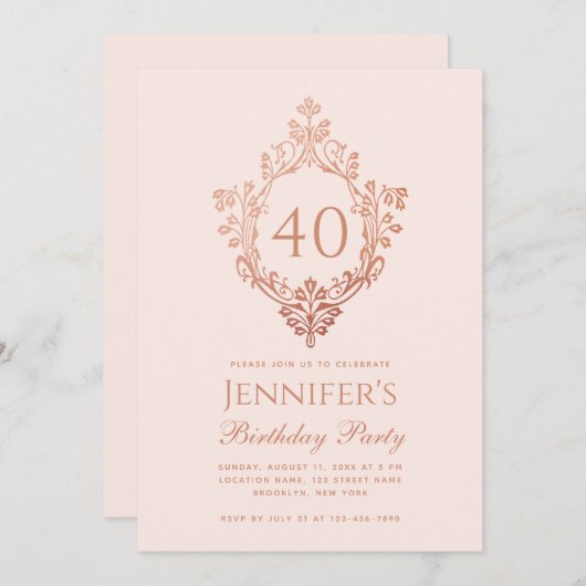 40e Verjaardag Roze Rose Goud  Crest Script Kaart (Voorkant / Achterkant)