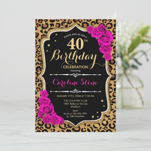 40e verjaardag - Roze Rozen Luipaard Print Kaart (Staand voorkant)