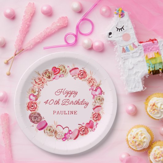 40e verjaardag roze rozen swirly hart papieren bordje (Feest)