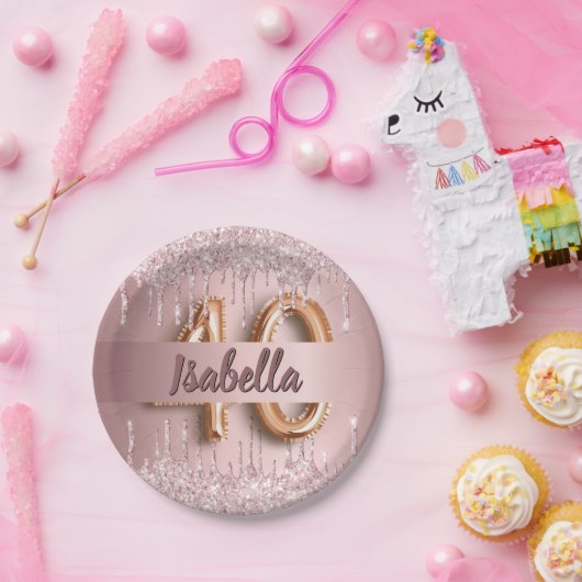 40e verjaardag roze stoffige roos glitter naam papieren bordje (Feest)