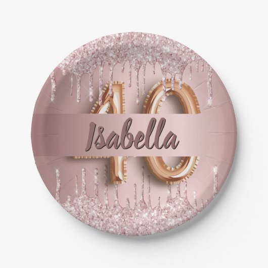 40e verjaardag roze stoffige roos glitter naam papieren bordje (Voorkant)