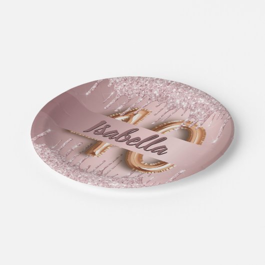 40e verjaardag roze stoffige roos glitter naam papieren bordje (Gekanteld)