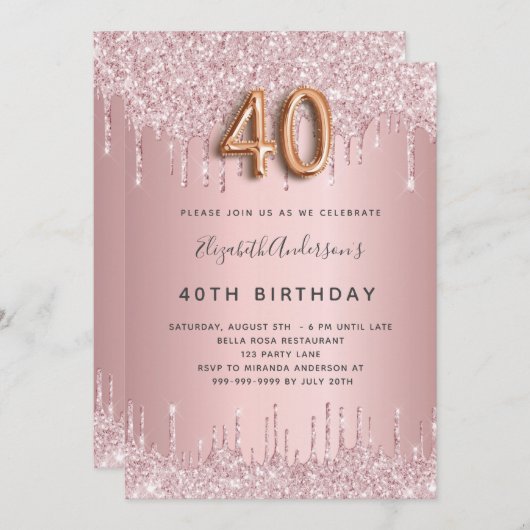 40e verjaardag roze stoffige roos glitterspetters kaart (Voorkant / Achterkant)