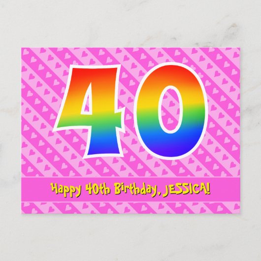 40e verjaardag: Roze strepen & harten, Regenboog 4 Briefkaart (Voorkant)