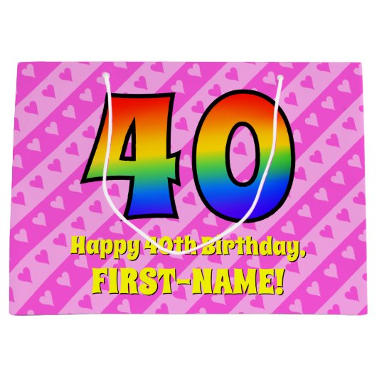 40e verjaardag: roze strepen & harten, regenboog # groot cadeauzakje (Voorkant)