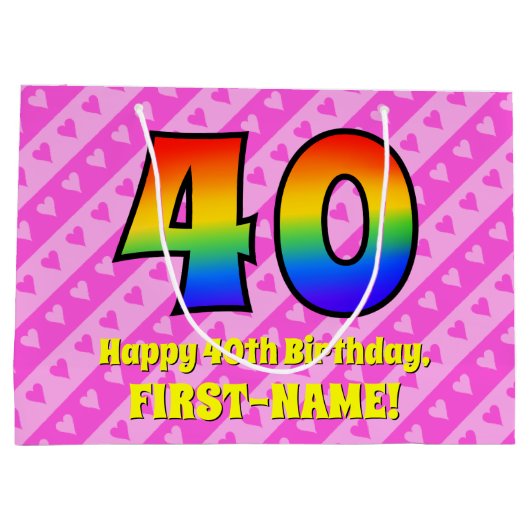 40e verjaardag: roze strepen & harten, regenboog # groot cadeauzakje (Achterkant)