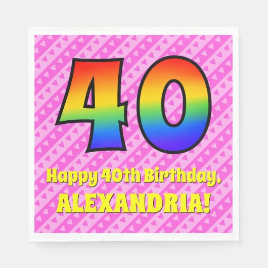 40e verjaardag: roze strepen & harten, regenboog # servet (Voorkant)