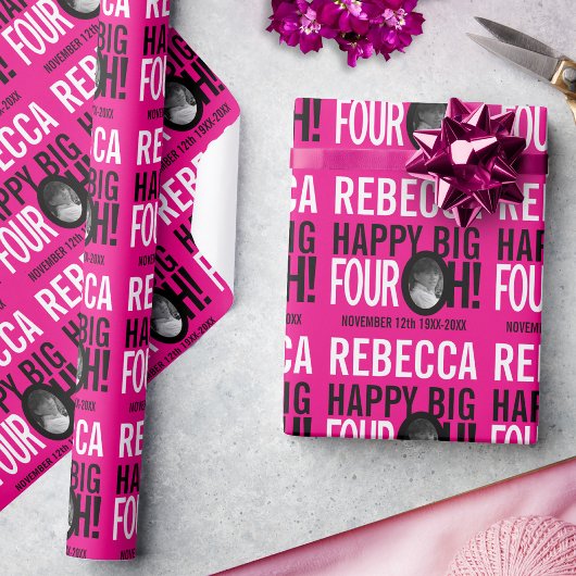 40e verjaardag roze wit zwart 40 aangepaste foto cadeaupapier