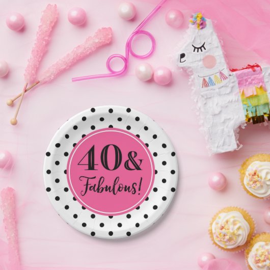 40e verjaardag Roze zwarte witte Stippen Papieren Bordje (Feest)